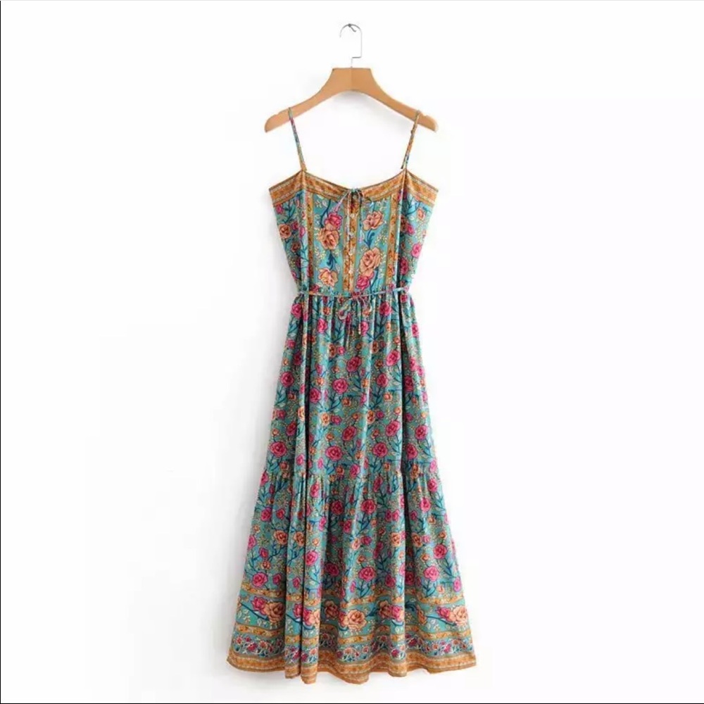 Boho Gypsy Floral Tiered Maxi Dress Blue Yellow - Picture 2 of 15